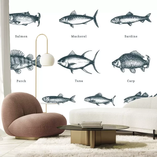Sticker Illustration of fishes on white background. Drawn seafood set in engraving style. Sketches collection in vector.