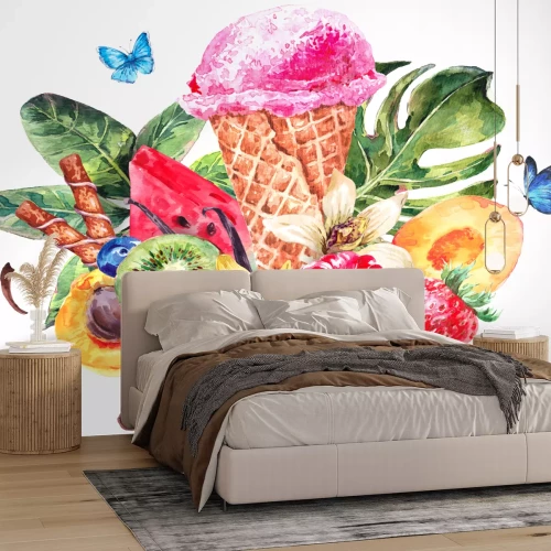 Sticker Tropical hand painting summer watercolor natural eco food background with fruits, soft Italian fruit ice cream, summer nature exotic sale card