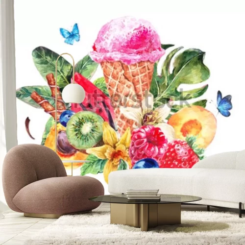 Sticker Tropical hand painting summer watercolor natural eco food background with fruits, soft Italian fruit ice cream, summer nature exotic sale card