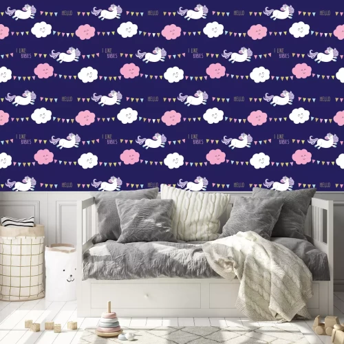 Behang Cute unicorn seamless pattern background with cartoon kawaii clouds and garlands. For kids clothes, pajamas, baby shower design.