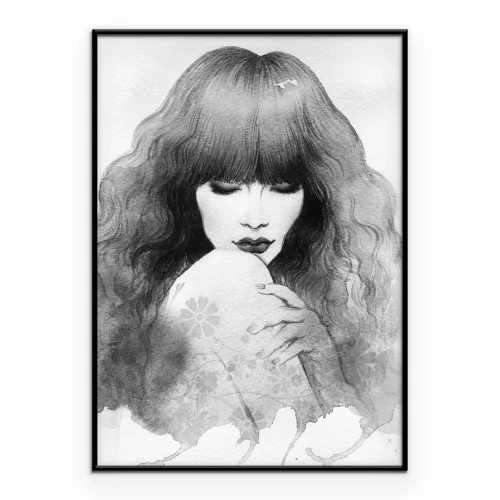 Poster Portret van een vrouw met lang, golvend haar.