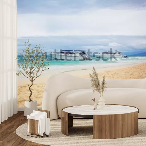 Fotobehang The cruise boats on the beach. The cruise boats parked near the sandy shore. Horizontal outdoors shot. 