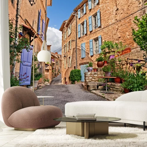 Fotobehang Mane, Forcalquier, Provence, France: picturesque ancient alley in the old town with plants and flowers