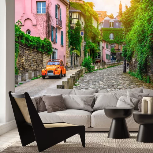 Fotobehang View of old street in quarter Montmartre in Paris, France. Cozy cityscape of Paris. Architecture and landmarks of Paris. 