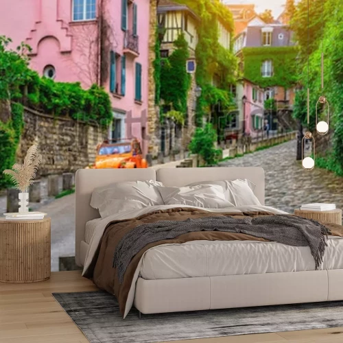 Fotobehang View of old street in quarter Montmartre in Paris, France. Cozy cityscape of Paris. Architecture and landmarks of Paris. 