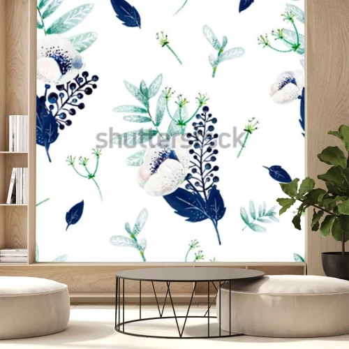 Sticker Patroon met bloemen in blauw en groen