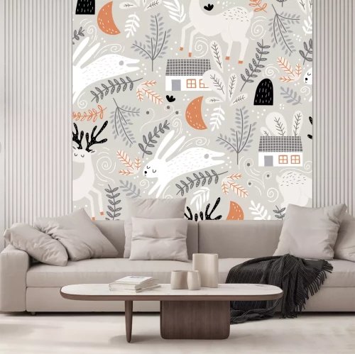 Sticker Seamless woodland pattern with deer, bunny and forest house. Creative kids for fabric, wrapping, textile, wallpaper, apparel. Vector illustration