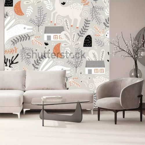 Sticker Seamless woodland pattern with deer, bunny and forest house. Creative kids for fabric, wrapping, textile, wallpaper, apparel. Vector illustration