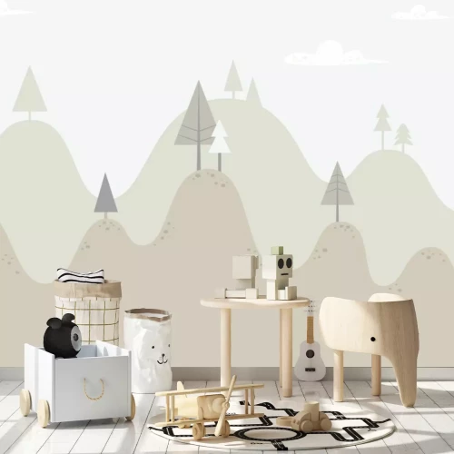 Fotobehang Landschap van heuvels met naaldbomen