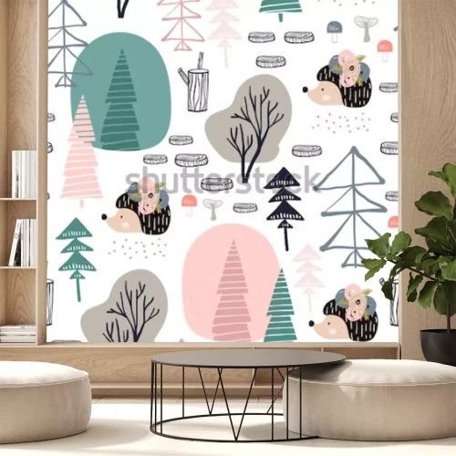 Sticker Seamless pattern with hedgehog, forest elements. Creative woodland height detailed background. Perfect for kids apparel,fabric, textile, nursery decoration,wrapping paper.Vector Illustration