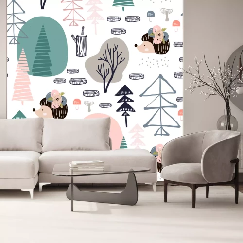 Sticker Seamless pattern with hedgehog, forest elements. Creative woodland height detailed background. Perfect for kids apparel,fabric, textile, nursery decoration,wrapping paper.Vector Illustration