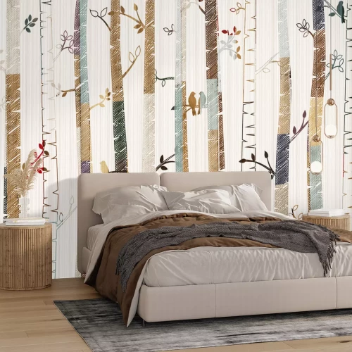 Sticker Een sprookjesachtige illustratie van een berkenbos voor kinderen.