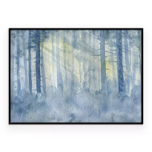 Poster Een boslandschap geschilderd in aquarel, met zonnestralen die door de bomen schijnen.