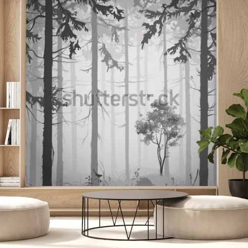 Sticker forest air landscape with birds, black and white, vector illustration