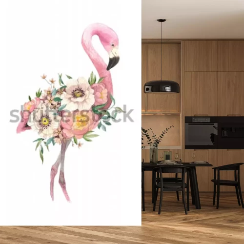 Sticker Watercolor bouquet with tropical bird, eucaliptus, peony and anemone, flamingo. High detailed hand drawing illustration