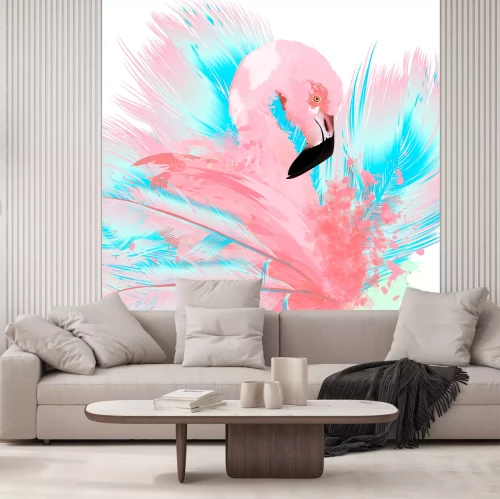 Sticker Beautiful vector illustration with drawn pink flamingo and blue feathers