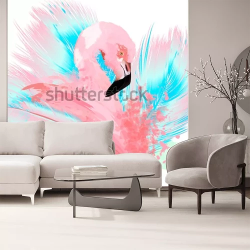 Sticker Beautiful vector illustration with drawn pink flamingo and blue feathers