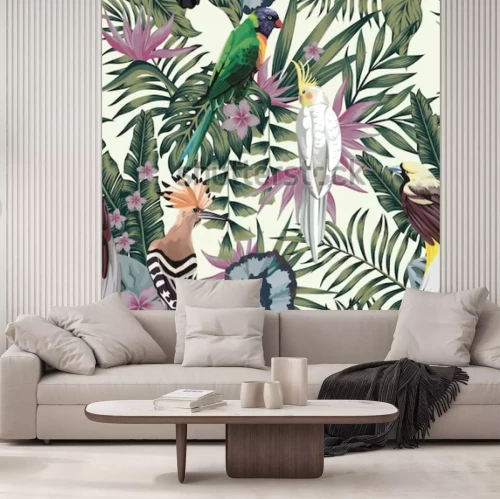 Sticker Tropical birds parrot hoopoe, exotic jungle plants leaves flowers abstract pastel color seamless white background