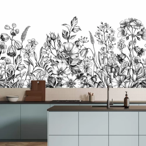 Fotobehang Zwart-witte botanische illustratie