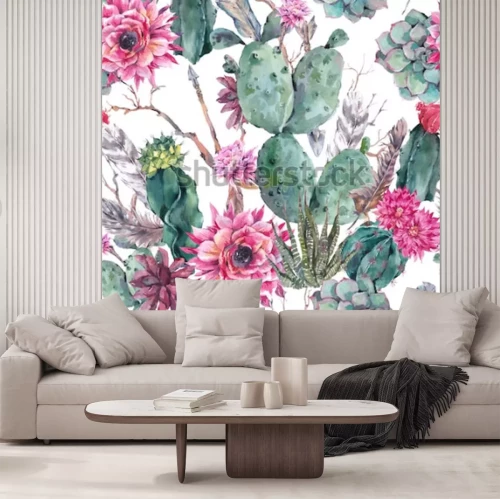 Sticker Exotic natural vintage watercolor seamless pattern in boho style. Cactus, succulent, flowers, twigs, feathers and  arrows. Botanical isolated nature cactus Illustration on white 