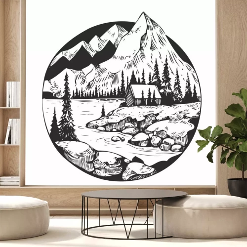 Sticker Wild natural landscape with mountains, lake, pines, rocks. Hand drawn illustration converted to vector.
