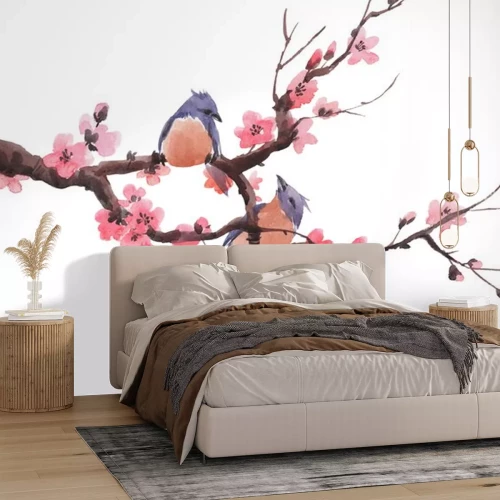 Sticker Twee vogels op een boomtak