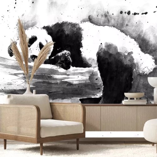 Fotobehang Panda op een tak zwart-wit patroon