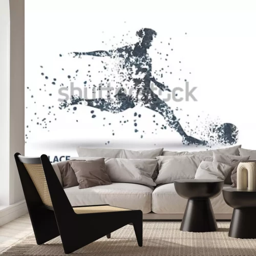 Sticker Football player, kick a ball, particle divergent composition, vector illustration