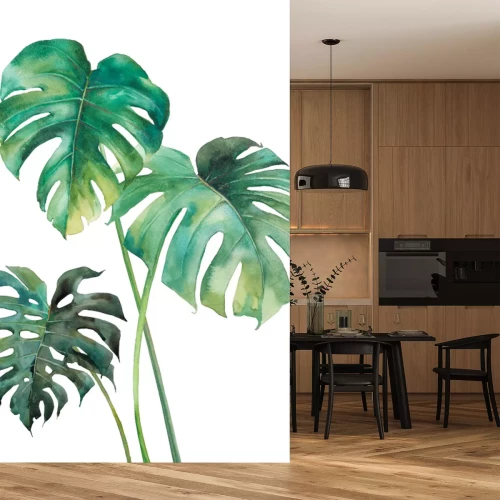 Fotobehang Drie groene monsterabladeren