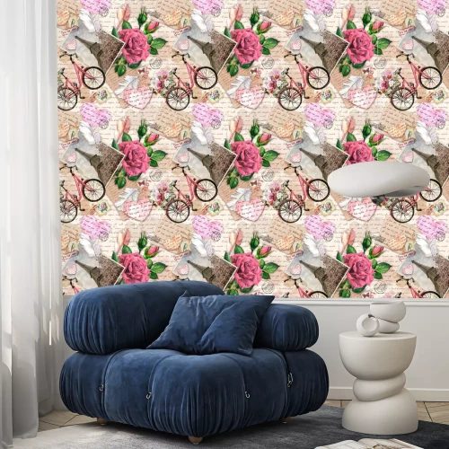Behang Hand written letters, hearts, bicycle with flowers in basket, vintage photo of Eiffel Tower, rose flowers, postal stamps, feathers. Seamless pattern about love, France, Paris