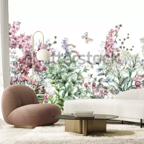 Sticker seamless rim. Border with Herbs and wild flowers, leaves. Botanical Illustration Colorful illustration on white background. Spring composition with butterfly