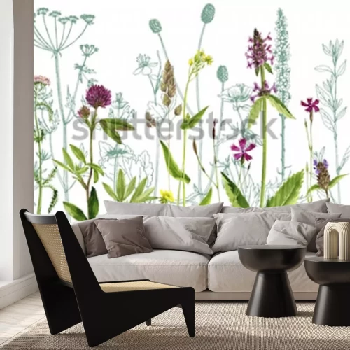 Sticker watercolor drawing wild plants with flowers,buds and leaves, painted botanical illustration in vintage style, color floral template, hand drawn natural background