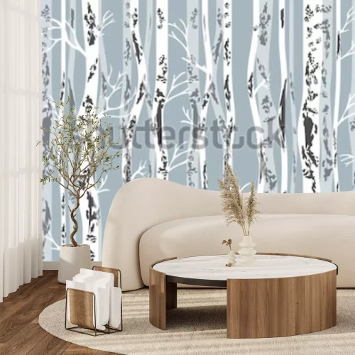 Sticker Birch grove in autumn. Seamless vector pattern with trees and birds. Retro textile collection.