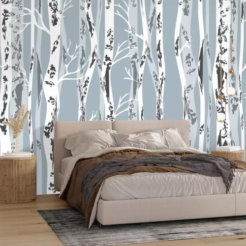 Sticker Birch grove in autumn. Seamless vector pattern with trees and birds. Retro textile collection.