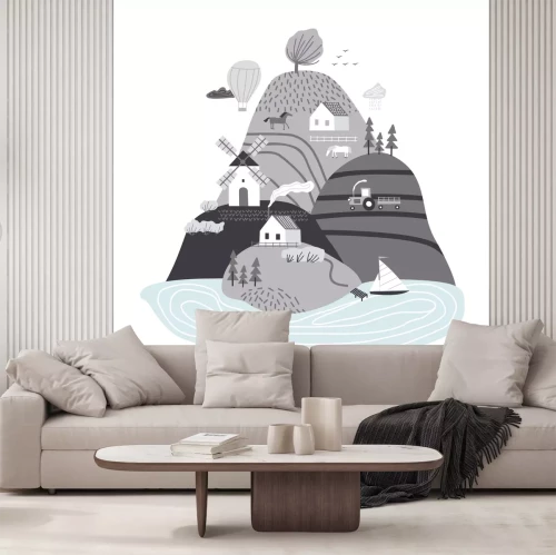 Sticker Scandinavian landscape. Hand drawn vector abstract scandinavian graphic illustration with houses, trees and hills. Cute landscape.