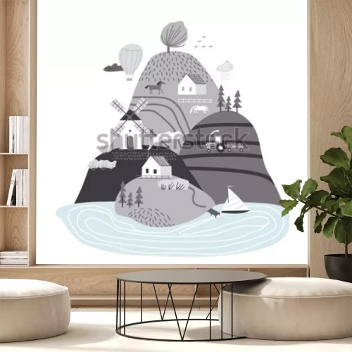 Sticker Scandinavian landscape. Hand drawn vector abstract scandinavian graphic illustration with houses, trees and hills. Cute landscape.