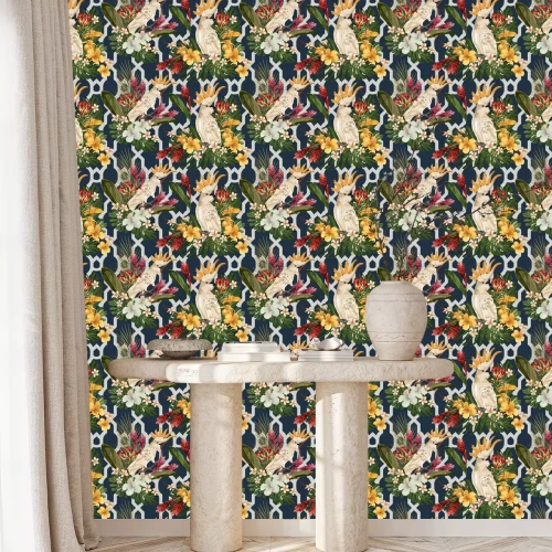 Behang Tropische bloemen en papegaaien