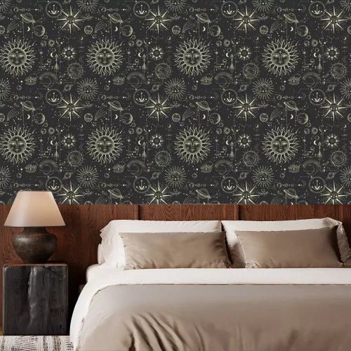 Behang Donkere hemel met de maan en planeten.