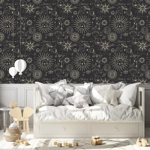 Behang Vector illustration set of moon phases. Different stages of moonlight activity in vintage engraving style. Zodiac Signs