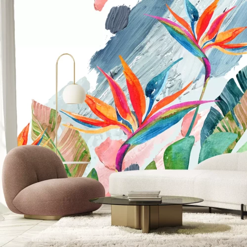 Sticker Aquarel tropische bladeren en bloeiende strelitzia's op een abstracte achtergrond