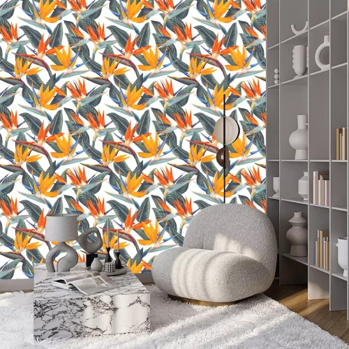 Behang Kleurrijke tropische bloemen op een witte achtergrond