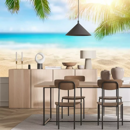 Sticker  Sunny tropical Caribbean beach with palm trees and turquoise water