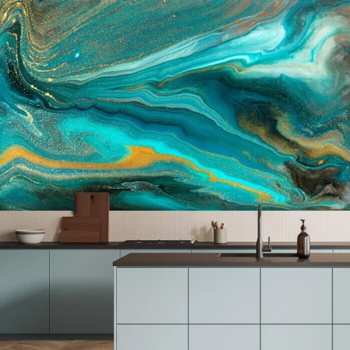 Fotobehang Turquoise golven van effen marmer