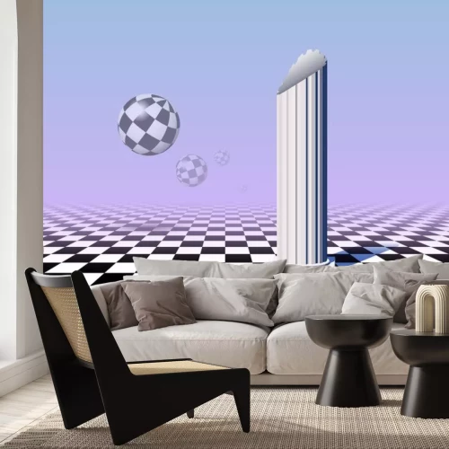 Sticker Black and white balls flying over checkered floor with column, pink and blue gradient background in vaporwave aesthetic