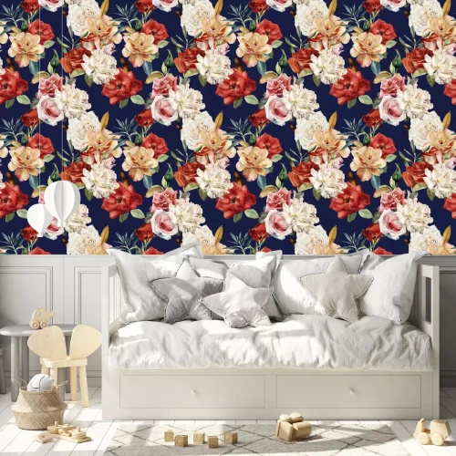 Behang Kleurrijke rozen op donkerblauwe grafische achtergrond