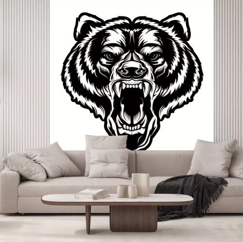 Sticker Angry bear face vector illustration. Furious angry face of bear with open mouth and terrible teeth as symbol of strength and aggressiveness. Grunge style  print for sport wear.