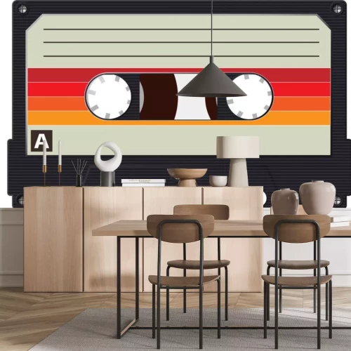 Sticker Cassette with a retro label as a vintage object for the design of the 80s. Realistic Vector