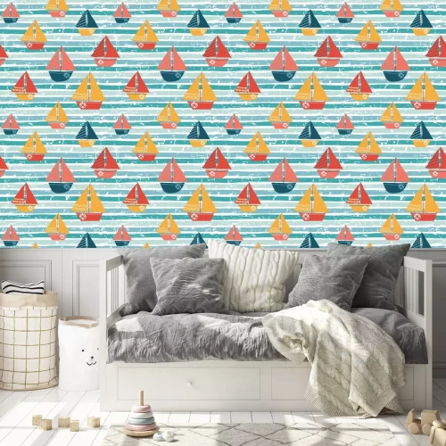 Behang Seamless pattern with boats. Vector illustration with sailboats