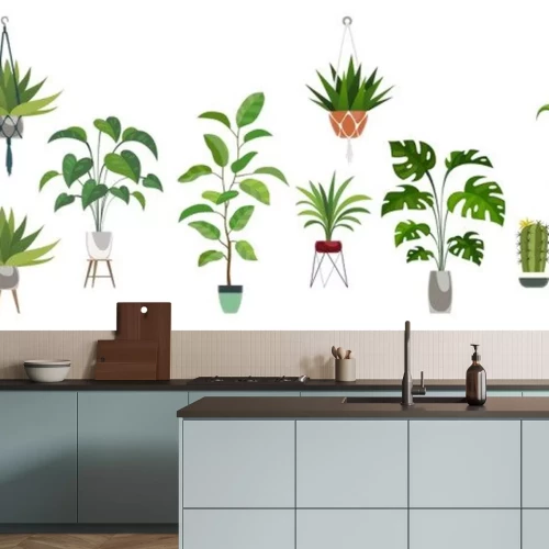 Sticker Pot plant set. Plants plastic decorative container and hanging styling indoor basket for potting tree vector collection