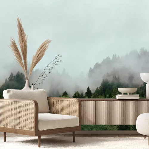 Fotobehang Herfstbos gehuld in mist